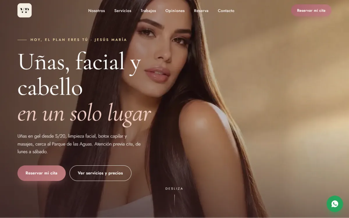 Portada de la web de Vicente Posh en computadora: «Uñas, facial y cabello en un solo lugar», con botones para reservar cita y ver servicios y precios.